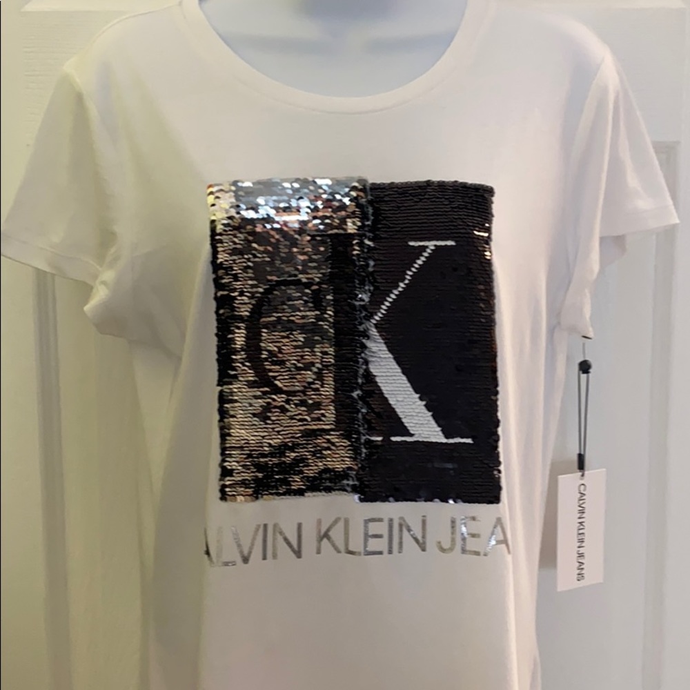 CALVIN KLEIN WOMENS SEQUINED CK LOGO T-SHIRT - Picture 4 of 7